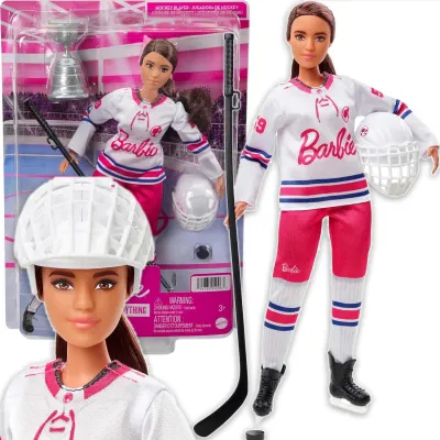 Barbie Lalka Hokeistka Hockey Player Zestaw Kask i Akcesoria HFG74