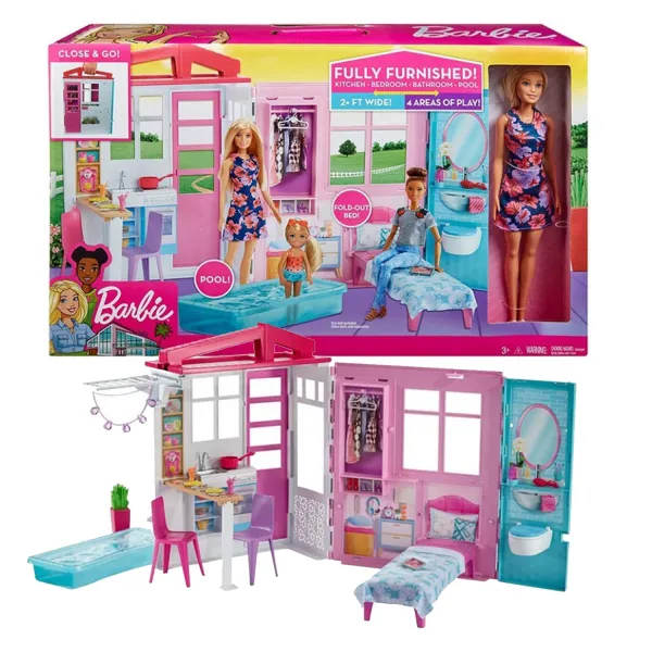 Barbie Przytulny Domek z wyposażeniem i lalką FXG55