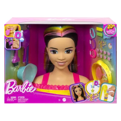Lalka Barbie Głowa Do Stylizacji Czarne Włosy Neonowa Tęcza + Akcesoria HMD81
