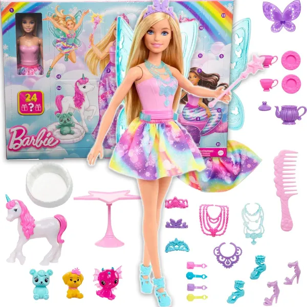 Barbie Dreamtopia Kalendarz Adwentowy Fantasy Syrenka i Wróżka 24+ Niespodzianek HVK26