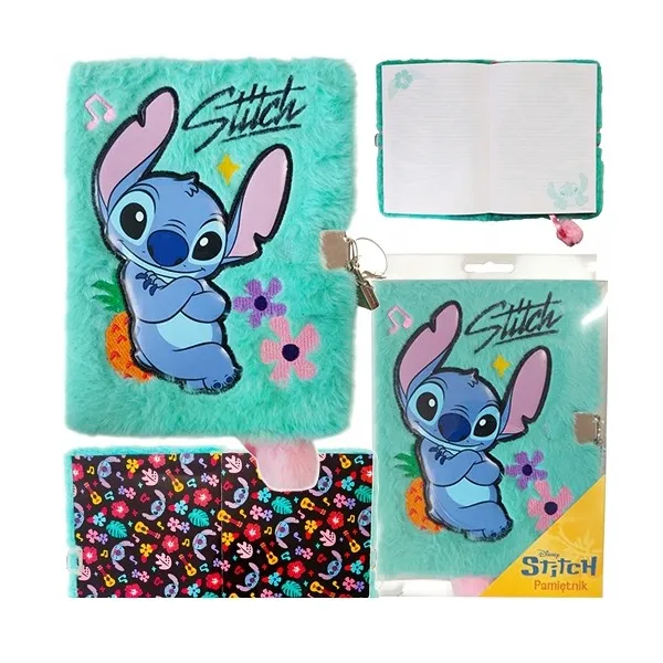 Disney Stitch Pamiętnik Pluszowy Włochacz z Kłódką A5 96K miętowy 3329