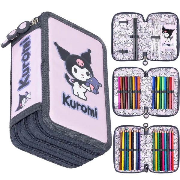 Piórnik Szkolny z Wyposażeniem Trzykomorowy ST.MAJEWSKI Kuromi Różowy 4219