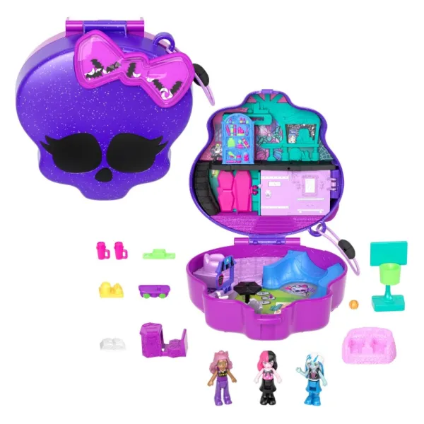 Polly Pocket X Monster High Kompaktowe Pudełko Czaszka Fioletowa z Minilalkami i Akcesoriami Mattel HVV58