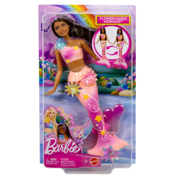 Barbie Syrenka Z Różowym Ogonem Rozkwitające Kwiaty Lalka Brunetka JDM73