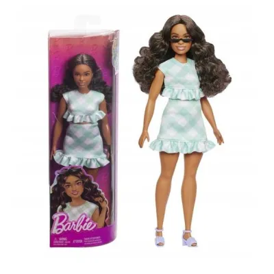 Lalka Barbie Fashionistas Sukienka Zielona Kratka Brązowe Włosy HYT96