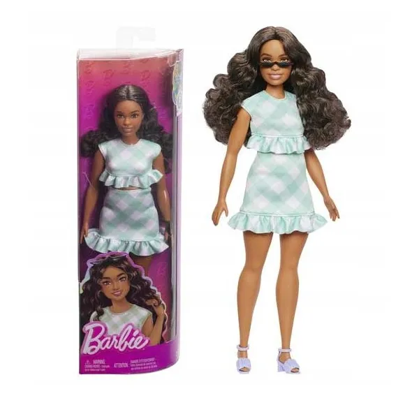 Lalka Barbie Fashionistas Sukienka Zielona Kratka Brązowe Włosy HYT96