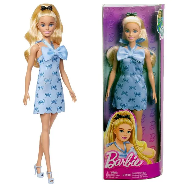 Barbie Fashionistas Lalka Blondynka w Niebieskiej Sukience Kokardki HYT93