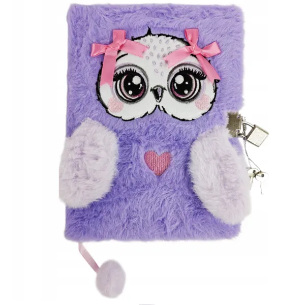Pamiętnik A5 MAJEWSKI włochacz z kłódką VIOLET OWL NOTES 96 KARTEK SOWA